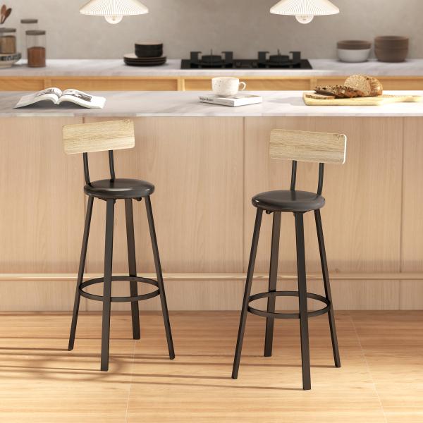 Conjunto de 2 Bancos de Bar Bancos Altos de Cozinha com Encosto e Apoio para Pés Estofados em PU Assento 41,5x36,5x99,5 cm Madeira e Preto