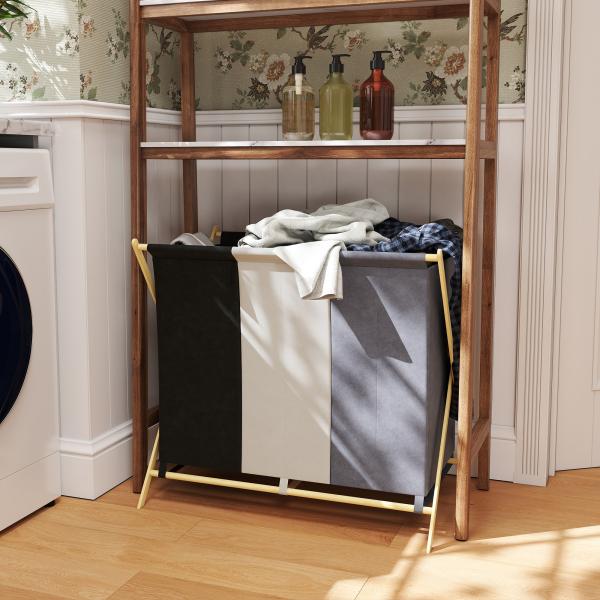 Cesto para Roupa Suja Dobrável com 3 Compartimentos Capacidade 129L com Estrutura de Bambu e Sacos Removíveis Multicolor