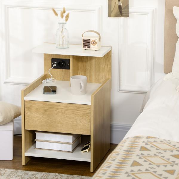 Mesa de Cabeceira Moderna Mesa de Cabeceira com Entrada USB Tomada Elétrica Gaveta e Prateleiras 40x40x60 cm Madeira