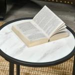 Conjunto de 2 Mesas Auxiliares Redondas Empilháveis Mesa de Centro Modernas com Bancada em Efeito de Mármore e Estrutura de Aço Ø60x46cm e Ø40x40cm Branco