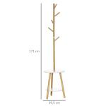Cabide de Pé de Bambu 2 em 1 com 2 Prateleiras 5 Ganchos e Estrutura de Alumínio 39x5x39,5x71cm Madeira e Branco