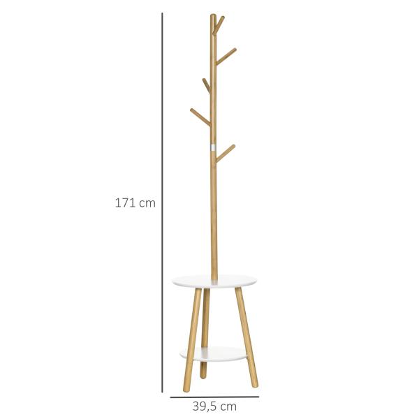 Cabide de Pé de Bambu 2 em 1 com 2 Prateleiras 5 Ganchos e Estrutura de Alumínio 39x5x39,5x71cm Madeira e Branco