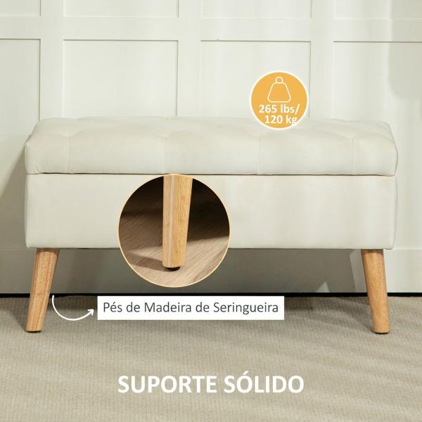 Pufe de Arrumação em Veludo com Tampa e Pés de Madeira para Sala, Quarto ou Entrada, 80x35x42 cm, Creme
