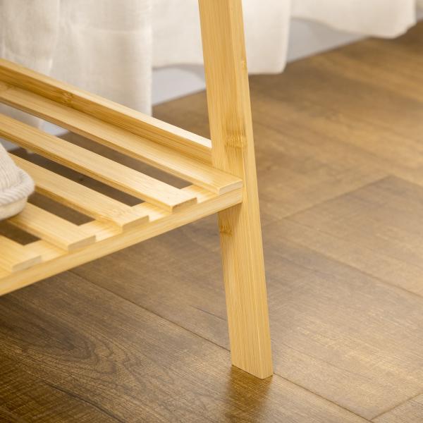 Suporte para Cabide de Bambu com 2 Prateleiras de Armazenamento 2 Ganchos Laterais e Barra Suspensa 114x40x139 cm Madeira