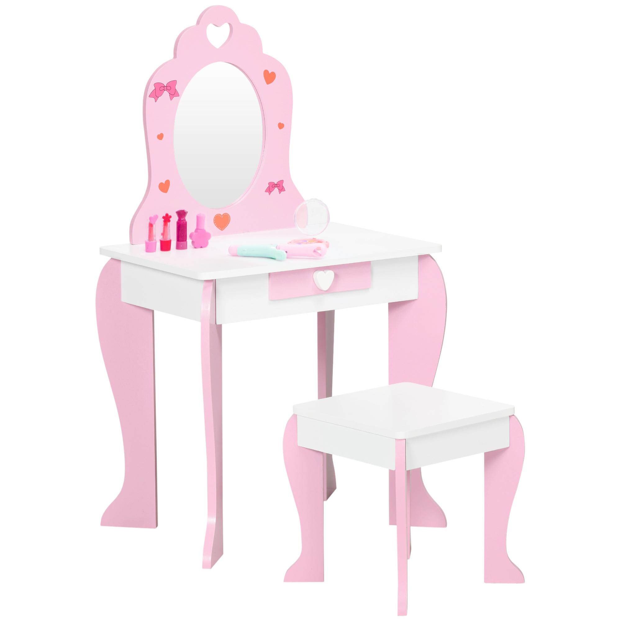 Toucador Infantil de Madeira com Banco Espelho e Gaveta Mesa de Maquilhagem para Crianças entre 3 - 6 Anos 50x36,5x89,5cm Rosa