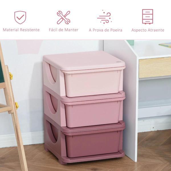 organizador de brinquedos Infantil para crianças acima de 3 anos com 3 Gavetas e Alças amplo espaço de armazenamento para Brinquedos Roupas Livros 37x37x56,5 cm Rosa