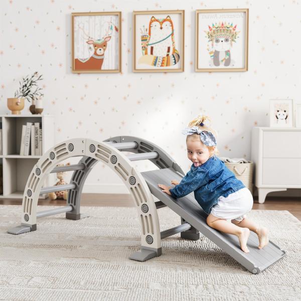 Escalada para Crianças de 18 - 48 Meses 4 em 1 com Arco de Escalada Baloiço Rampa e Escorrega 164x70x57 cm Cinza e Branco