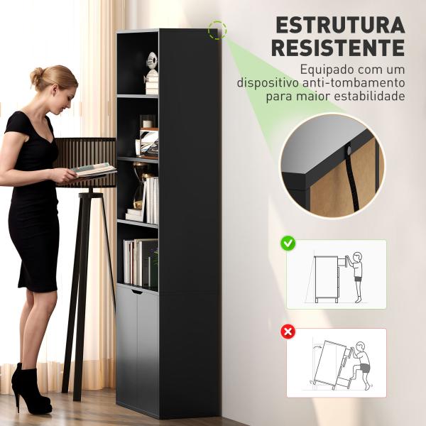 Estante para Livros de 6 Níveis Portas e 4 Prateleiras Abertas para Sala Escritório 59x29x180 cm Preto
