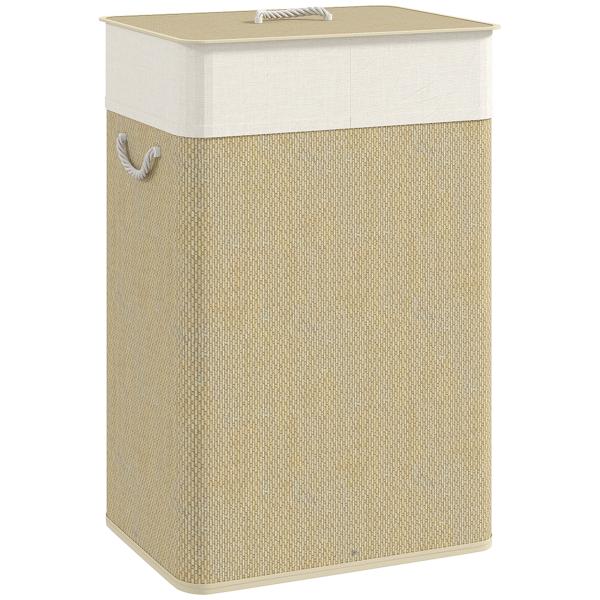 Cesto de Roupa com Tampa 72L Cesto de Roupa de Bambu com Bolsa Interior Removível e Alças 40x30x60 cm Bege e Creme