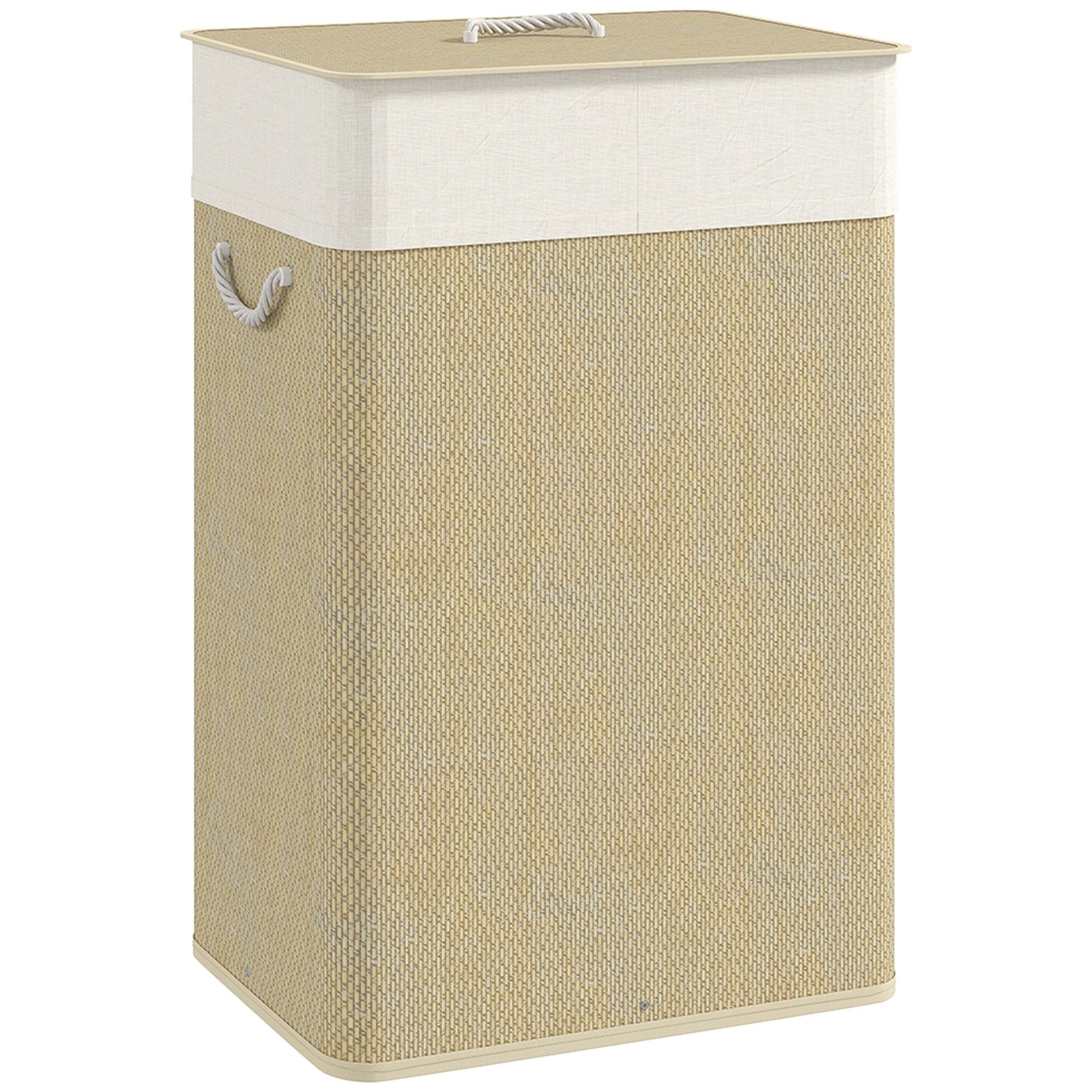 Cesto de Roupa com Tampa 72L Cesto de Roupa de Bambu com Bolsa Interior Removível e Alças 40x30x60 cm Bege e Creme