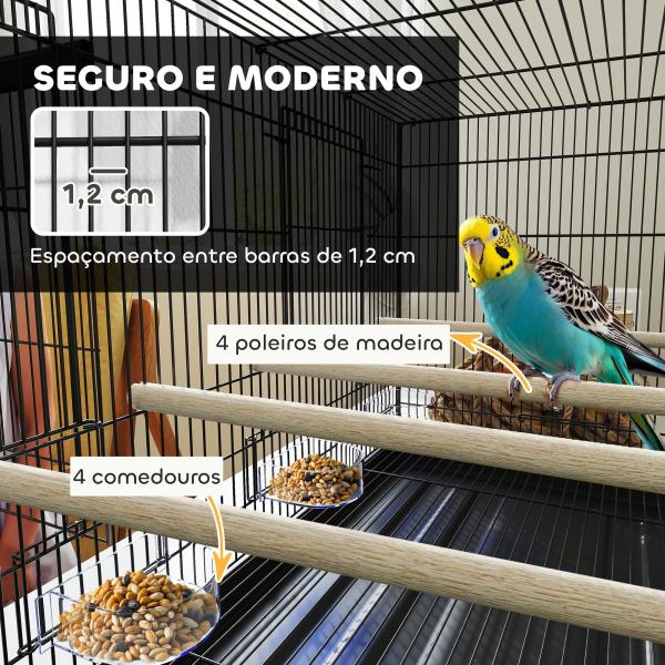 Gaiola para Pássaros com Divisória Gaiola para Aves com 4 Comedouros 4 Poleiros e Bandeja Amovível 76x46x46 cm Preto