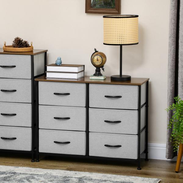 Cómoda Estilo Industrial Cómoda com 6 Gavetas de Tecido Dobrável com Pés com Almofadas Ajustáveis 80x30x62,5 cm Cinza e Marrom