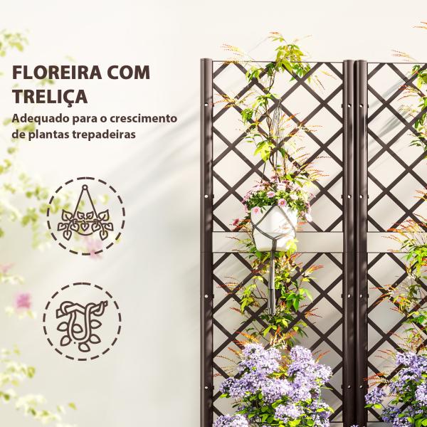 Floreira com Treliça de PP com Drenagem e Amplo Espaço para Plantas Trepadoras Vaso com Suporte para Jardim 80x40x135 cm Marrom