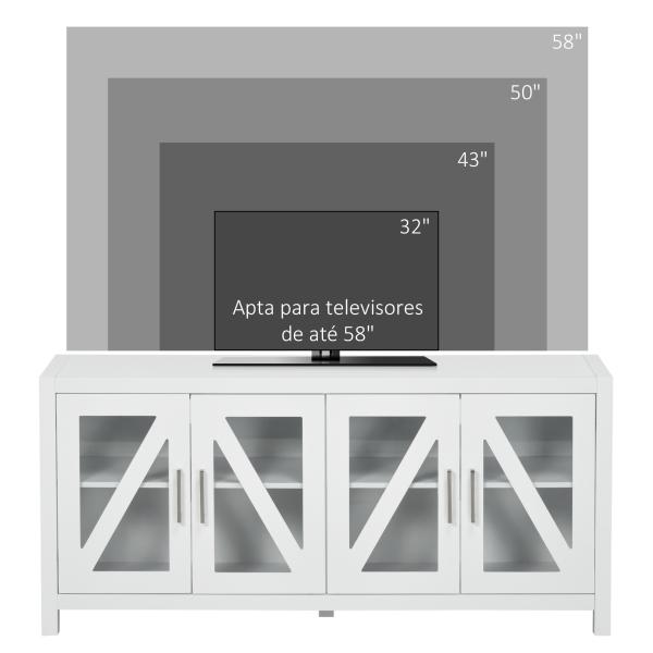 Móvel de TV para Televisores de até 58" com 4 Portas de Vidro Temperado e Prateleiras Ajustáveis 130x35x60 cm Branco