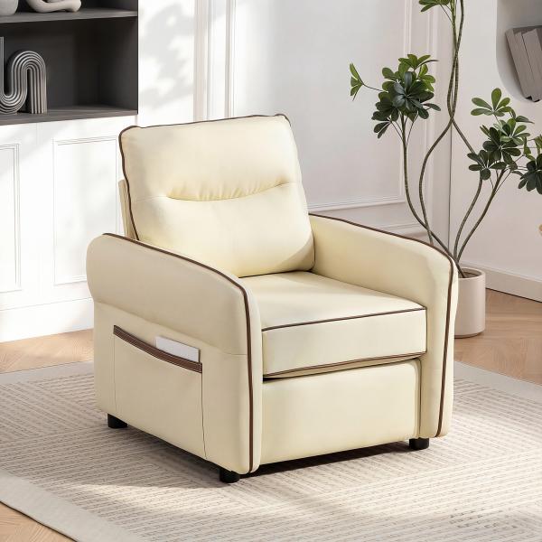 Poltrona Sala de Estar Estofada em Couro Sintético Poltrona Relax Moderna com Assento Largo Acolchoado Espesso 80x81x90 cm Bege