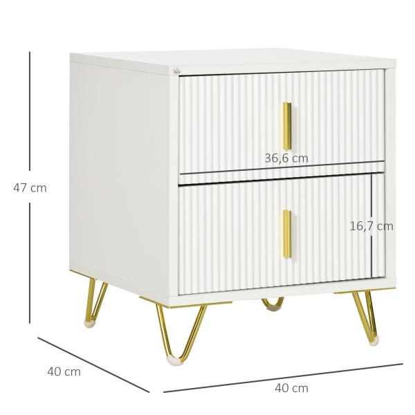 Mesa de Cabeceira com 2 Gavetas Mesa Auxiliar com Pés de Metal para Sala de Estar Dormitório 40x40x47 cm Branco e Dourado