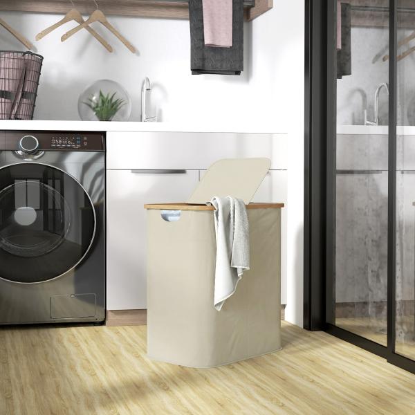 Cesto para Roupa Suja Dobrável com Tampa 80 L em Tecido Não Tecido, 2 Compartimentos, Asas, 54x34x58,5 cm, Bege