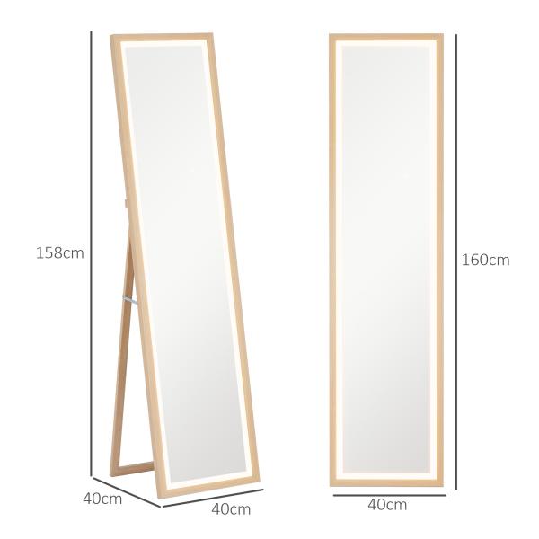 Espelho de Pé com Luz LED 40x160 cm Espelho de Corpo Inteiro com Iluminação de 3 Cores Tátil Função de Memória Madeira