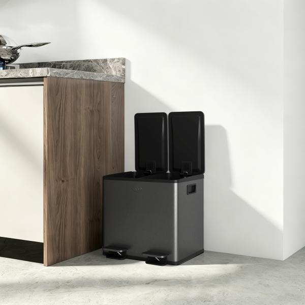 Caixote do Lixo de Cozinha em Aço Inoxidável com 2 Compartimentos 2x15L, Pedal, Tampas de Fecho Suave e Baldes Amovíveis - Preto