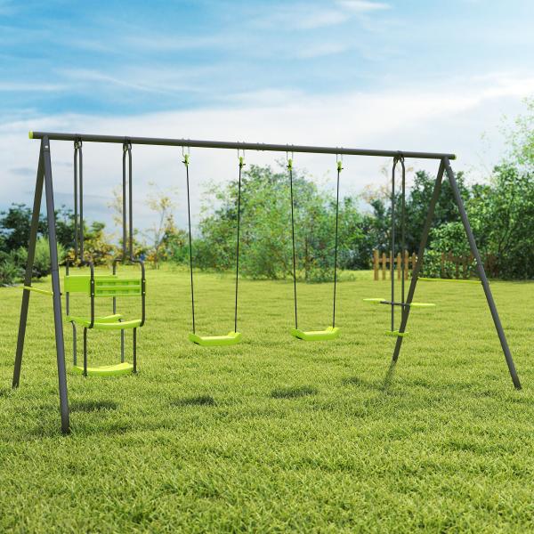 Conjunto de Baloiços Infantil com 2 Baloiços Baloiço Duplo e Estrutura de Aço para Crianças de 3 - 8 Anos 355x184x186 cm Verde