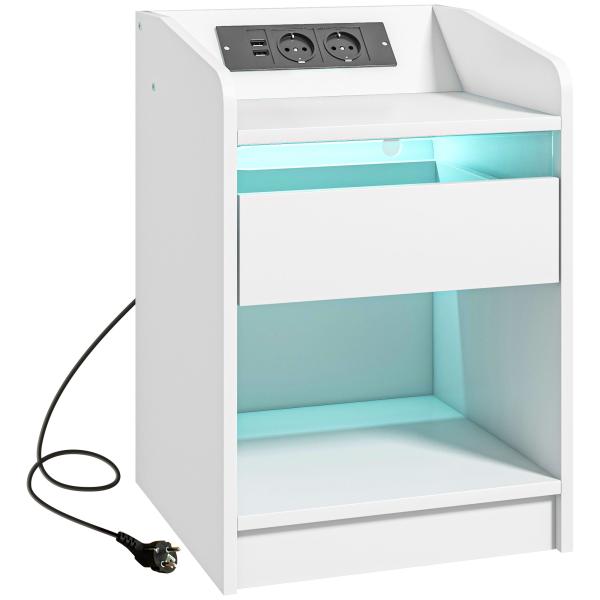 Mesa de Cabeceira com Luzes LED Gaveta Prateleira Estação de Carregamento Entrada USB e Controlo Remoto 40x40x58 cm Branco