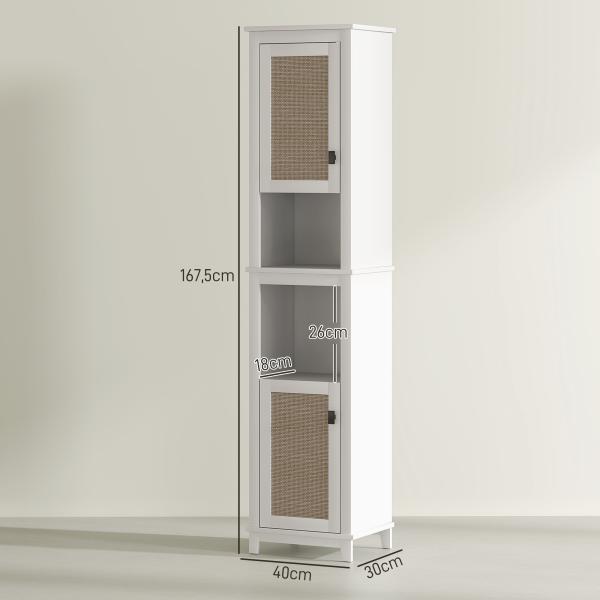 Coluna Casa de Banho com Prateleira Ajustável 2 Portas em Vime e 2 Compartimentos Estilo Boho 40x30x167,5 cm Branco
