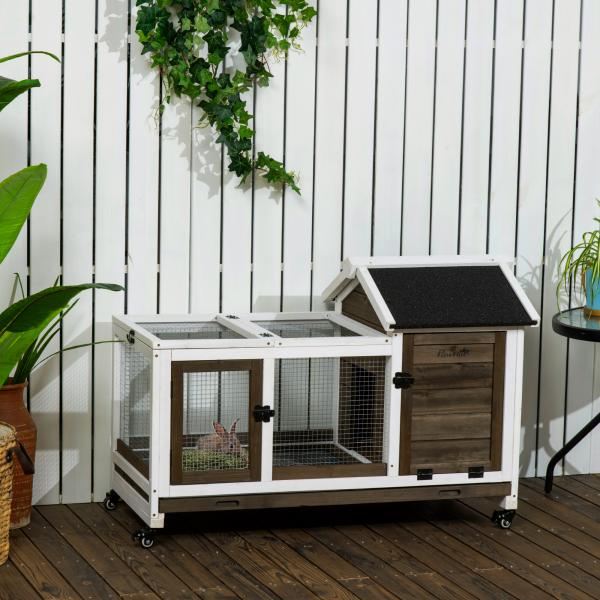Coelheira de Madeira com Rodas para 1 - 2 Coelhos com Teto Abatível Bandeja Amovível 108x58x73,5cm Marrom Café e Branco