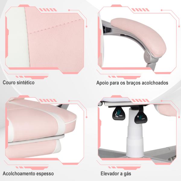 Cadeira Gaming Cadeira de Escritório Reclinável Apoio para os Pés Retrátil Suporte Lombar e Almofada para a Cabeça 63x63x115,5 - 123 cm Rosa