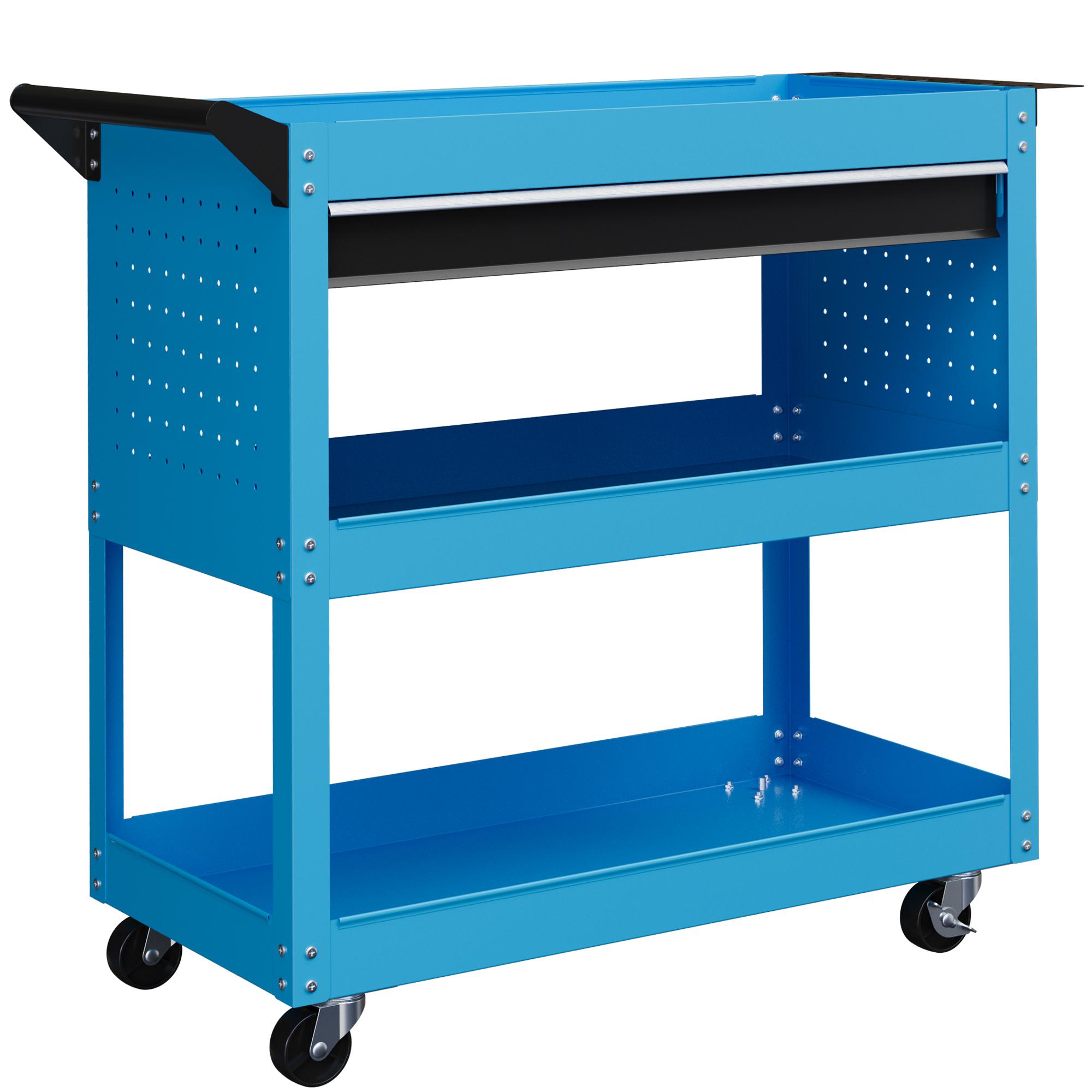 Carrinho de Ferramentas com 3 Bandejas e Gaveta Rodas com Travões Pega Lateral Painel Lateral Perfurado 82x35x76 cm Azul