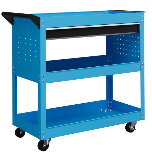 Carrinho de Ferramentas com 3 Bandejas e Gaveta Rodas com Travões Pega Lateral Painel Lateral Perfurado 82x35x76 cm Azul