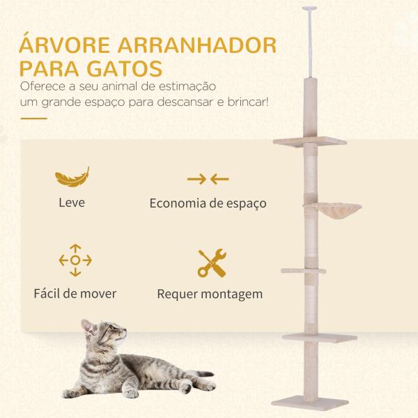 Árvore Arranhadora para Gatos Arranhador para Fixar ao Teto Altura Ajustável com Plataformas Poste de Sisal 40x34x230 - 260cm Bege