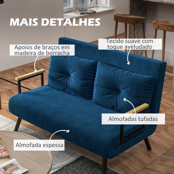 Sofá Cama Sofá Convertível em Cama de 2 Lugares Dobrável com Encosto Ajustável em 5 Níveis e 2 Almofadas 102x73x81 cm Azul