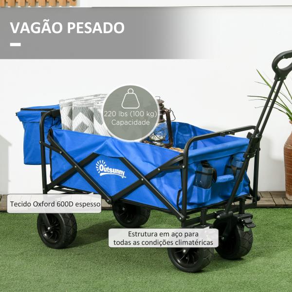 Carrinho de Transporte Dobrável com Bolsa Térmica Removível Capacidade 100 kg para Campismo Praia 113x57x77 - 100 cm Azul