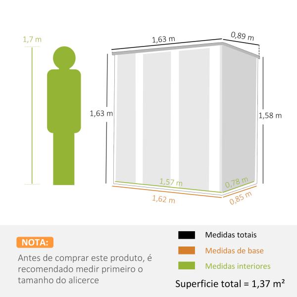 Abrigo de Jardim Exterior Metálico 1,37 m² 163x89x163 cm com Telhado Inclinado, Portas com Fecho e Luvas Castanho