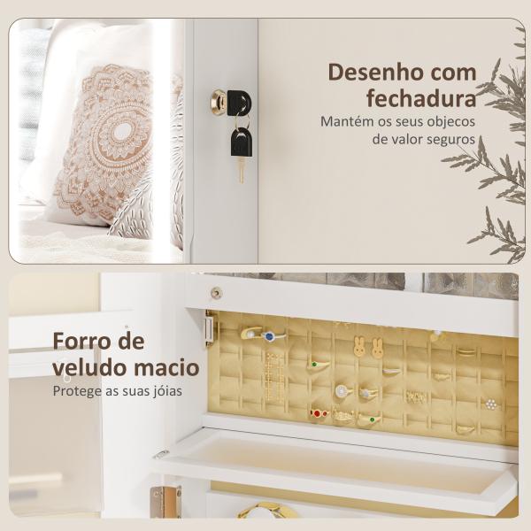 Espelho Joalheiro de Parede com Luzes LED e Fechadura para Pendurar na Parede ou na Porta 37x10,5x108 cm Branco