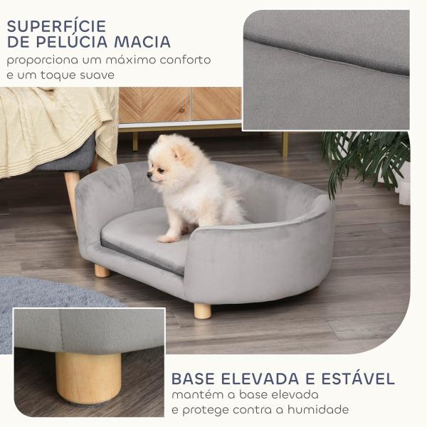 Sofá para Cães Pequenos com Pés de Madeira Almofada Removível e Capa Lavável 86x55x33 cm Cinzento Claro