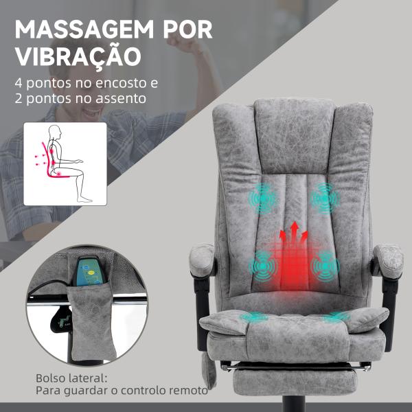 Cadeira de Escritório com 6 Pontos de Massagem Giratória Encosto Reclinável 135º Função de Aquecimento 62x67x113 - 120 cm Cinza