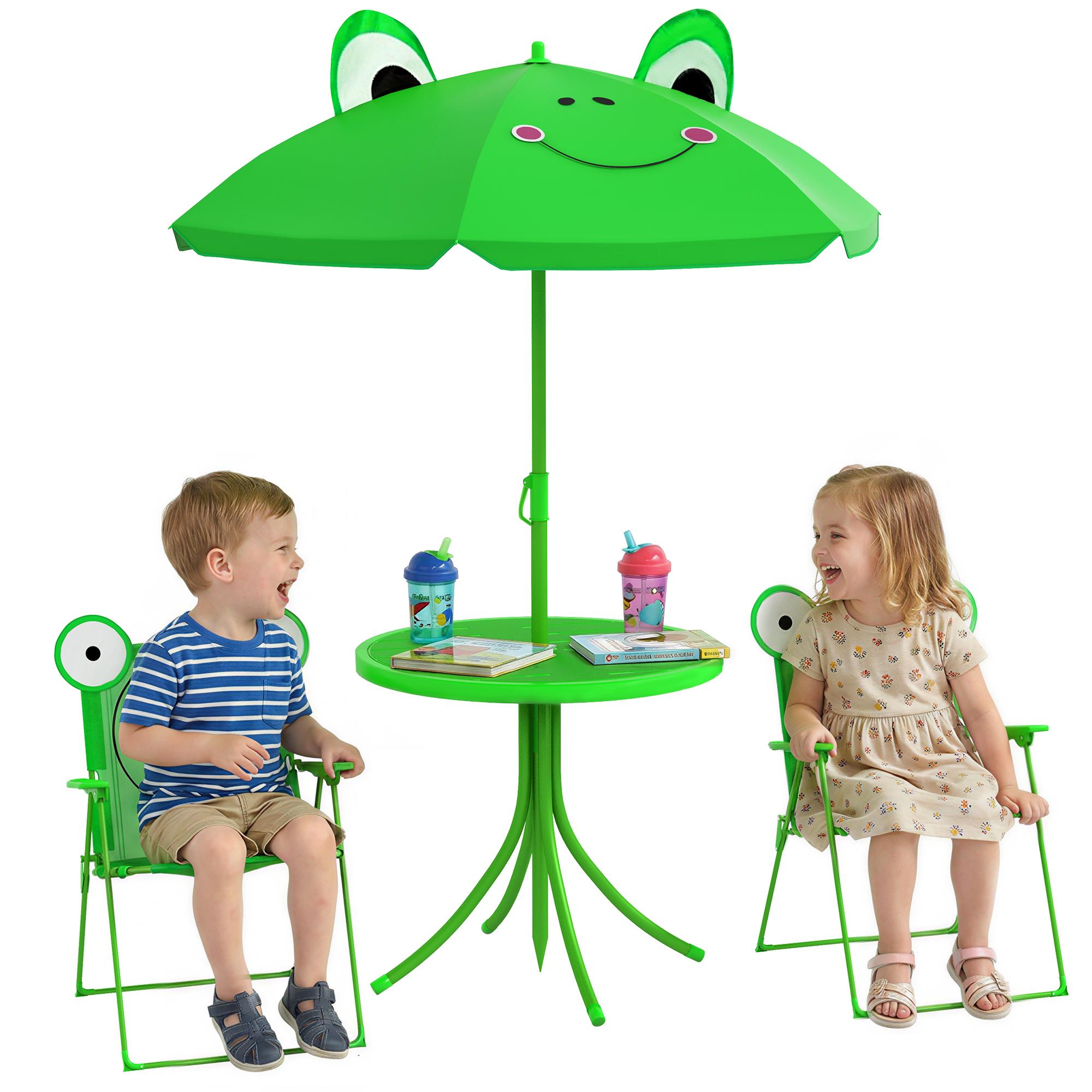 Conjunto de Mesa e Cadeira de Jardim Conjunto de Picnic Dobrável para Crianças Conjunto de Mesa com Chapéu de Sol com Altura Ajustável 100 - 125cm Desenho de Sapo Verde
