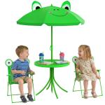 Conjunto de Mesa e Cadeira de Jardim Conjunto de Picnic Dobrável para Crianças Conjunto de Mesa com Chapéu de Sol com Altura Ajustável 100 - 125cm Desenho de Sapo Verde