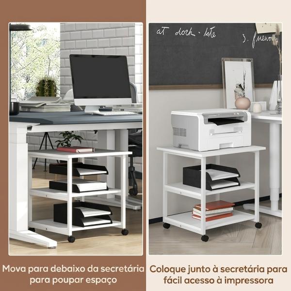 Suporte para Impressora de 3 Níveis com Rodas e Prateleiras de Arrumação 50x50x52,5 cm Branco