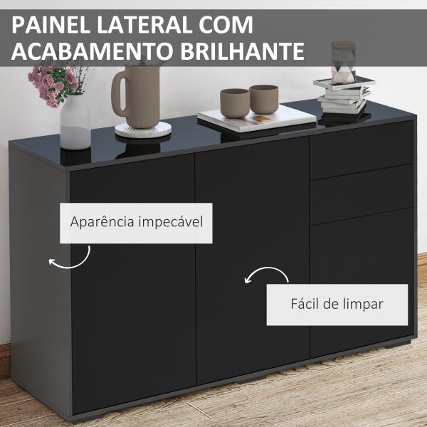 Aparador de Sala de Estar com 3 Portas 2 Gavetas e Prateleira Interior Ajustável Móvel Auxiliar de Armazenamento para Cozinha Dormitório Anti - Rolamento 117x36x74 cm Preto