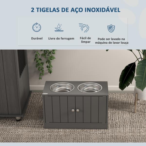 Comedouro Elevado Cinzento para Cães Grandes com 2 Tigelas de 2L, 2 Portas e Arrumação, 60x30x35,5 cm