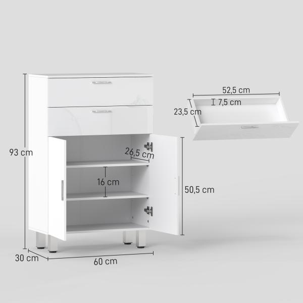 Móvel Auxiliar Casa de Banho 2 Gavetas e Armário Prateleiras Ajustáveis 60x30x93 cm Branco
