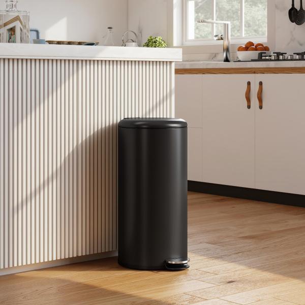 Caixote do Lixo de Cozinha 30L com Pedal, Tampa de Fecho Suave e Balde Interior Removível, Preto
