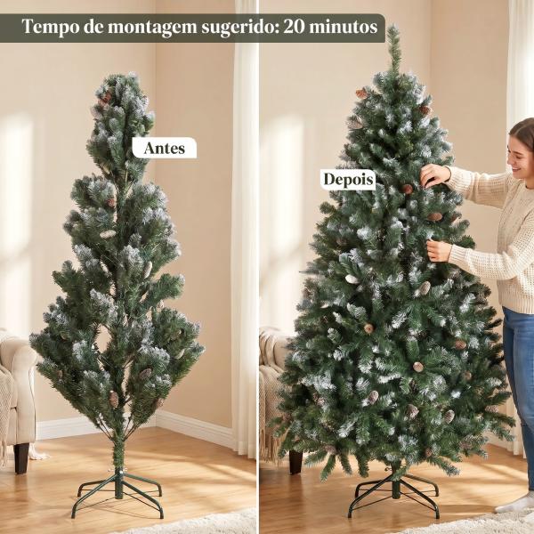 Árvore de Natal Artificial 180 cm Árvore de Natal com 910 Ramos com Efeito Neve 58 Pinhas Verde