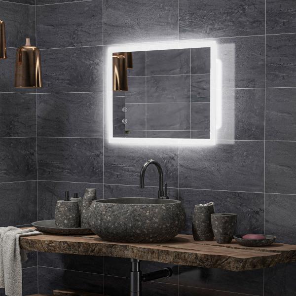 Espelho Casa de Banho com Luzes LED 70x50 cm Função Antiembaciamento 3 Cores Função de Memória e Interruptor Tátil Prata
