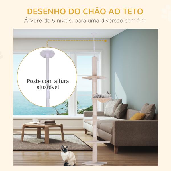 Árvore Arranhadora para Gatos Arranhador para Fixar ao Teto Altura Ajustável com Plataformas Poste de Sisal 40x34x230 - 260cm Bege