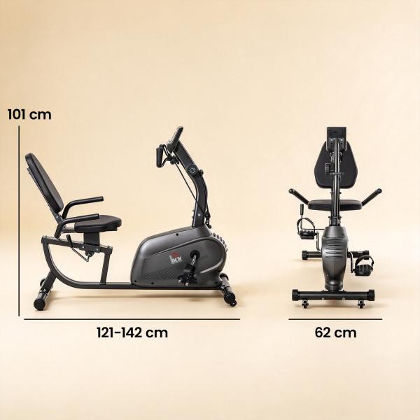 Bicicleta Estática com Encosto 8 Níveis de Resistência Bicicleta Banco Ajustável e Ecrã LCD 121 - 142x62x101 cm Preto