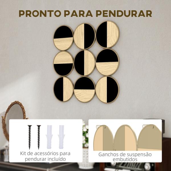Quadro Decorativo de Parede Geométrico Decoração de Parede Moderno 3D 60x60 cm com Espelho de Plástico Preto e Madeira