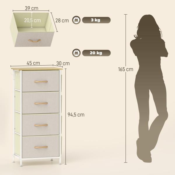 Cómoda Alta de Tecido com 4 Gavetas 4 Bolsos Laterais 2 Ganchos e Estrutura de Aço 45x30x94,5 cm Bege